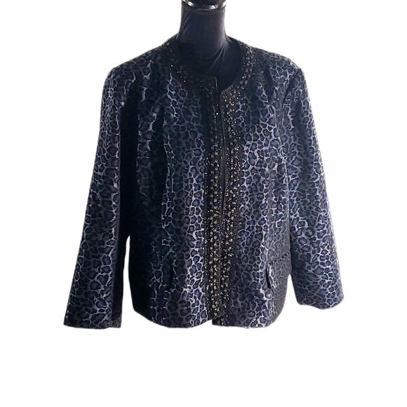 Chico's Black Blue Leopard Glittery Trim Embellished Blazer Jacket - Picture 1 of 5
